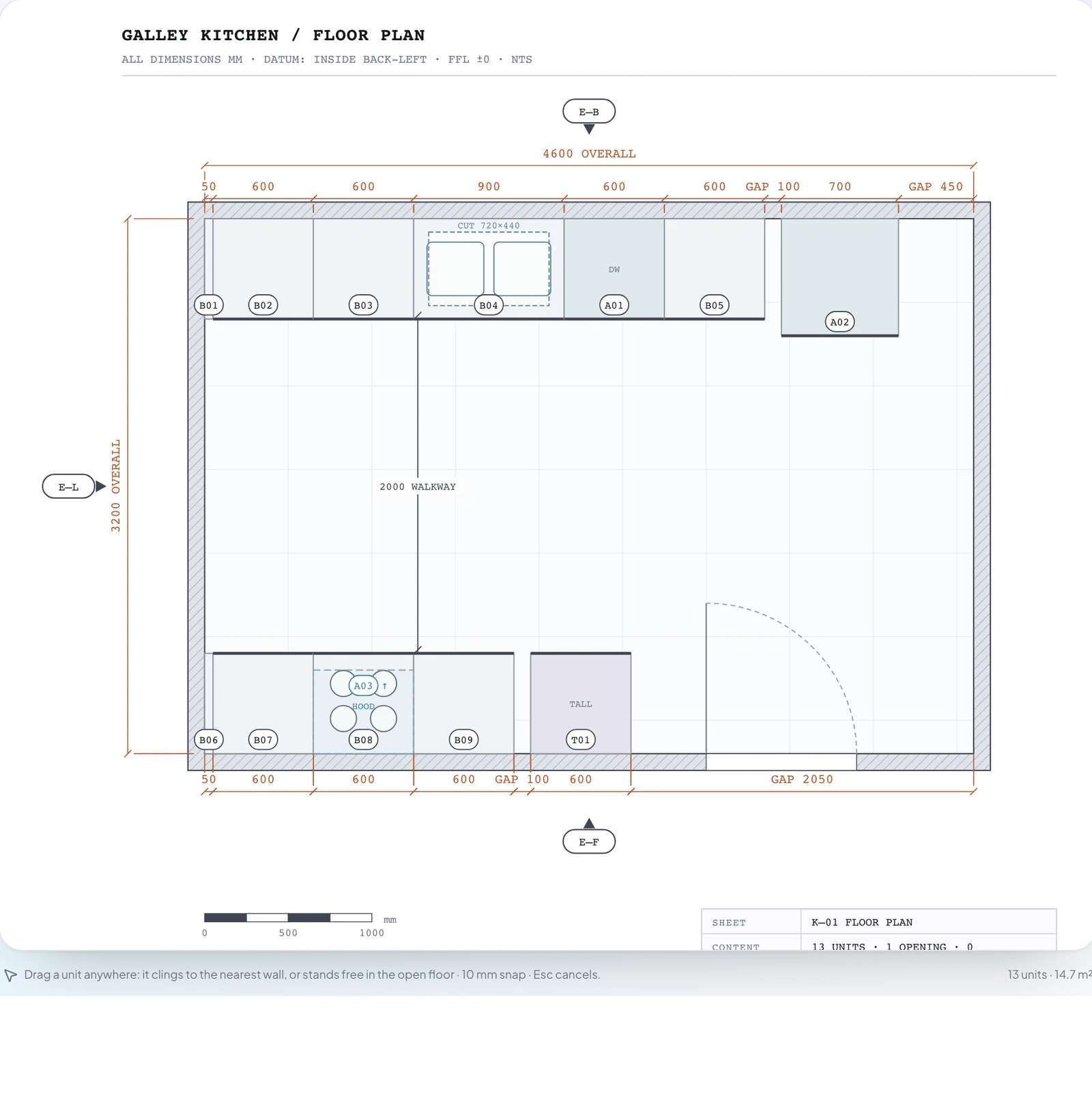 Dimensioned floor plan of a galley kitchen, 4600 by 3200 mm: drawers, oven housing, 900 mm sink cabinet, dishwasher, drawers and refrigerator along the back wall; drawers, hob with hood, base cabinet and tall larder along the front wall; a door at the right end of the front wall; a 2000 mm aisle between the runs