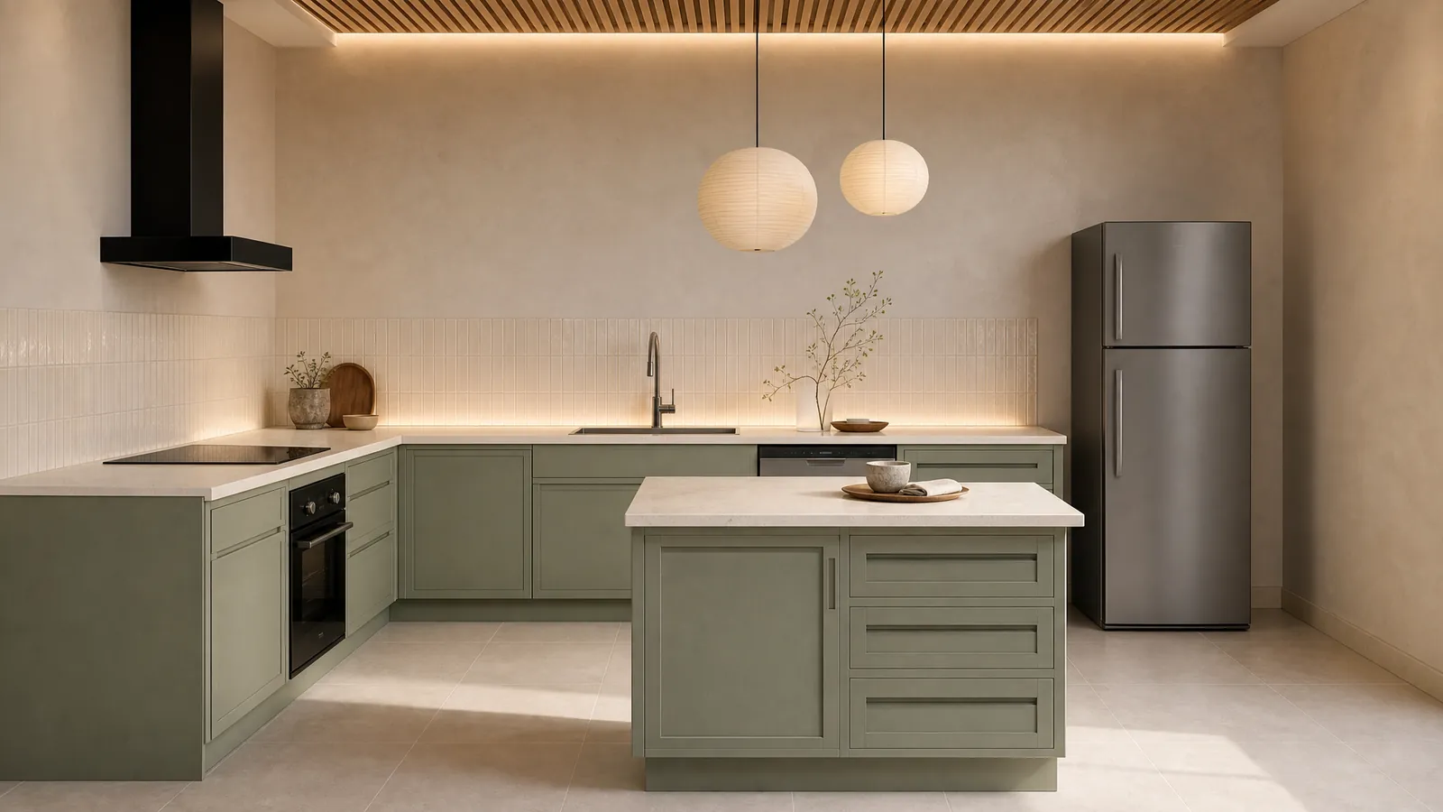 Realistic render of the same island kitchen in the Japandi theme, keeping the project's sage cabinets and limestone worktop, with a slatted timber ceiling and paper pendants