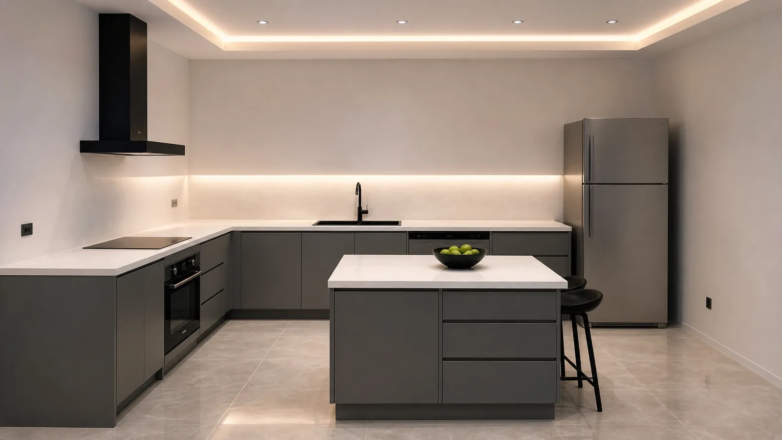Realistic render of an island kitchen in the Modern theme, with graphite handleless cabinets, a white quartz worktop and a recessed tray ceiling with cove lighting