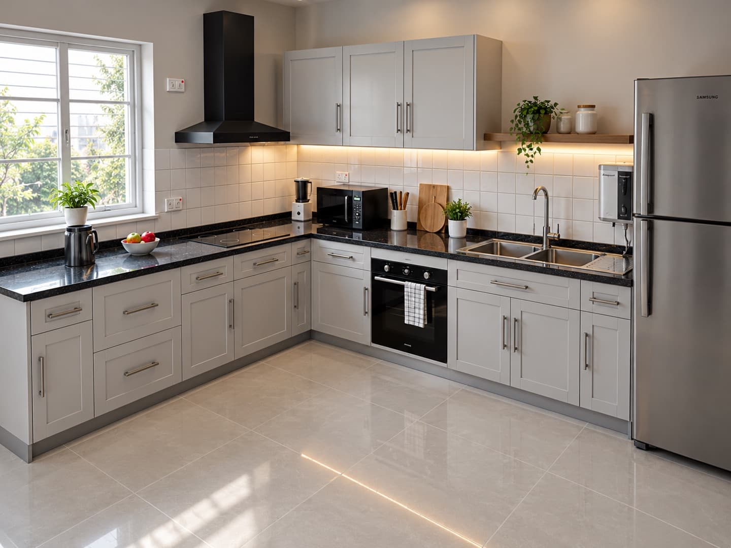 Photorealistic render of the demo kitchen from the corner: grey shaker cabinets, a black granite worktop, an induction hob under a black chimney hood, a twin-bowl sink under the window and a stainless refrigerator.