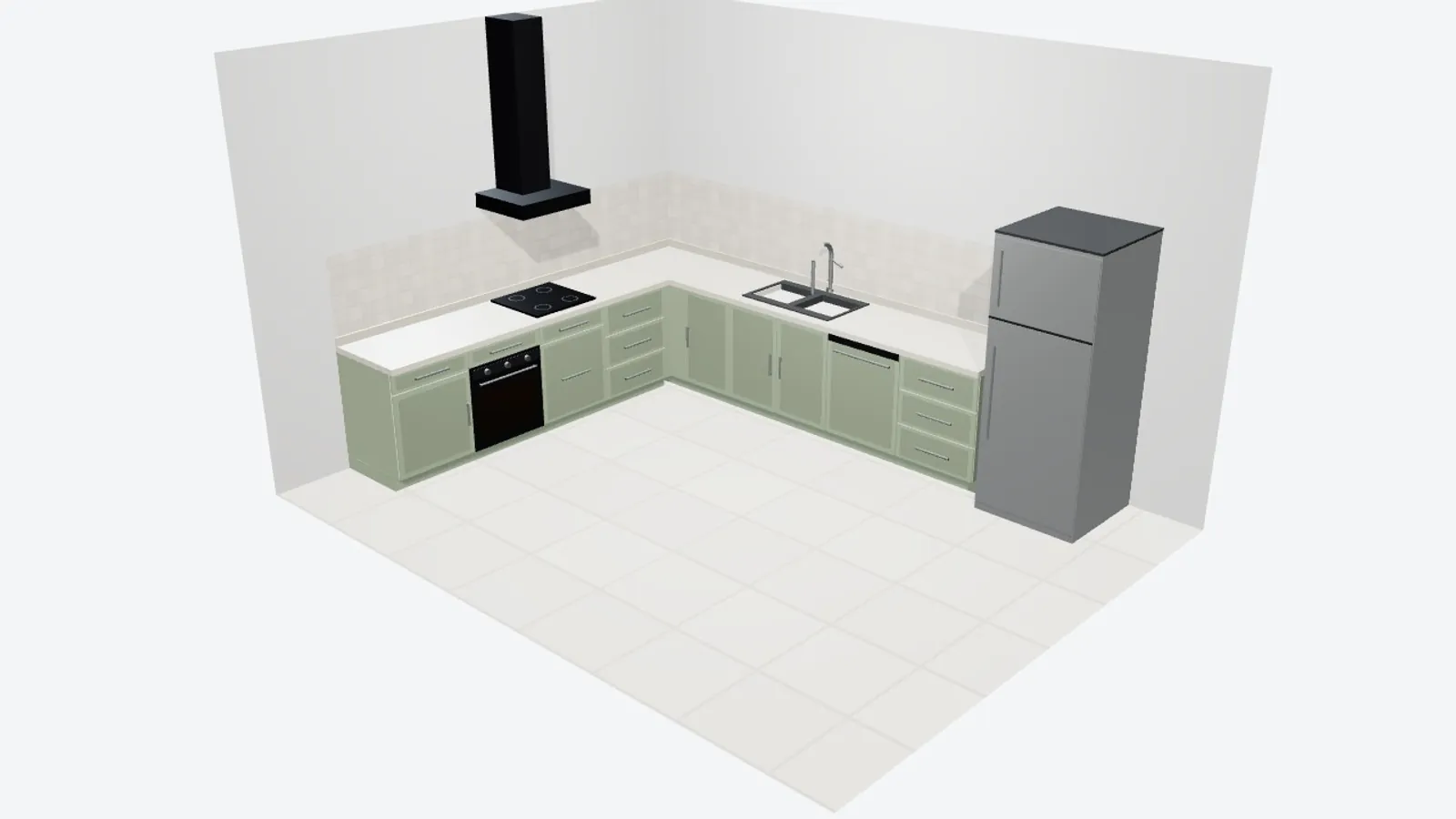 The planner's 3D view both renders above were generated from: the L-shaped kitchen seen from the corner, with the front and right walls cut away