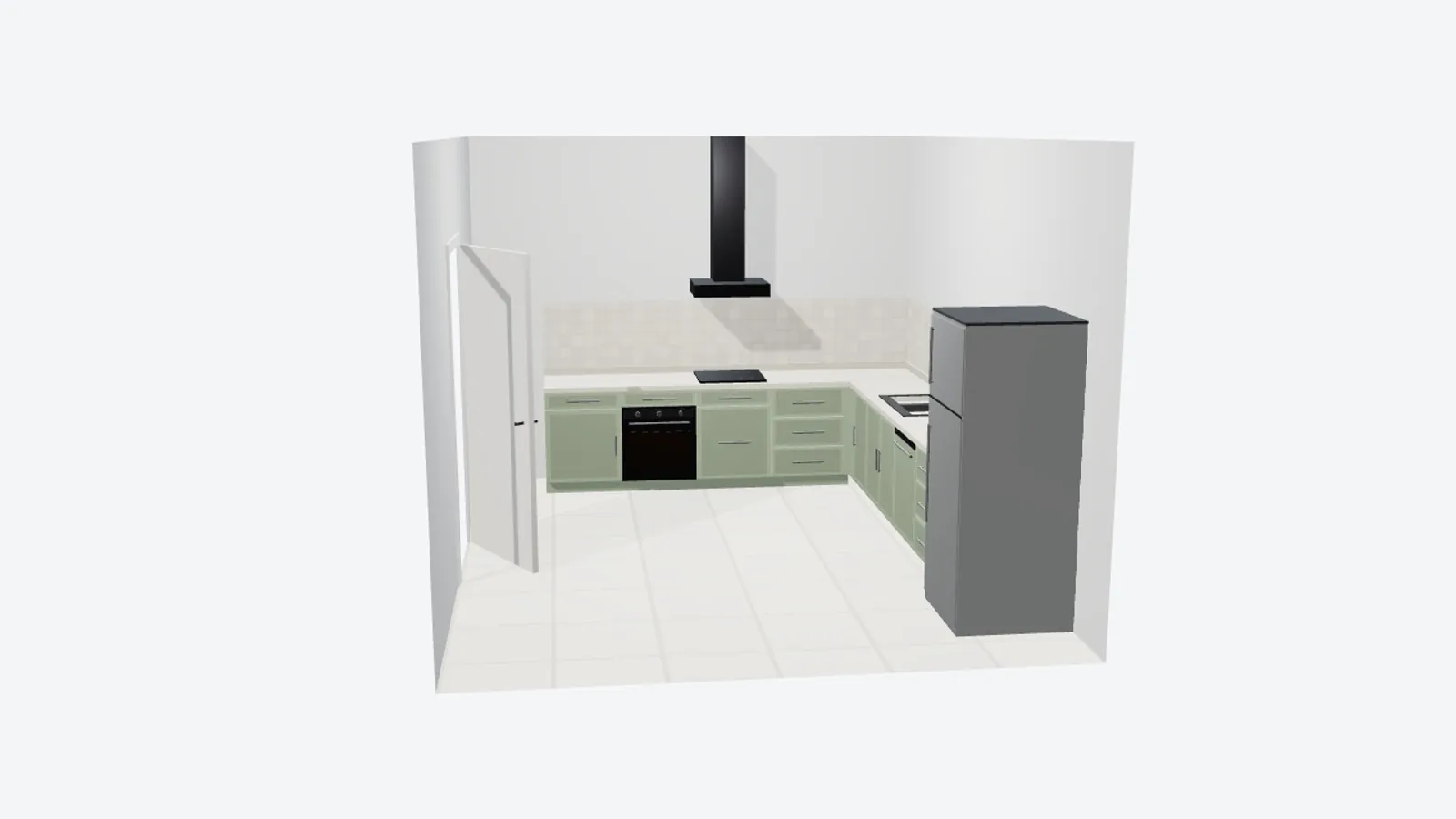 The planner's 3D view of an L-shaped kitchen from the side, with the door on the front wall standing open, the hob and hood on the far wall and the fridge at the right