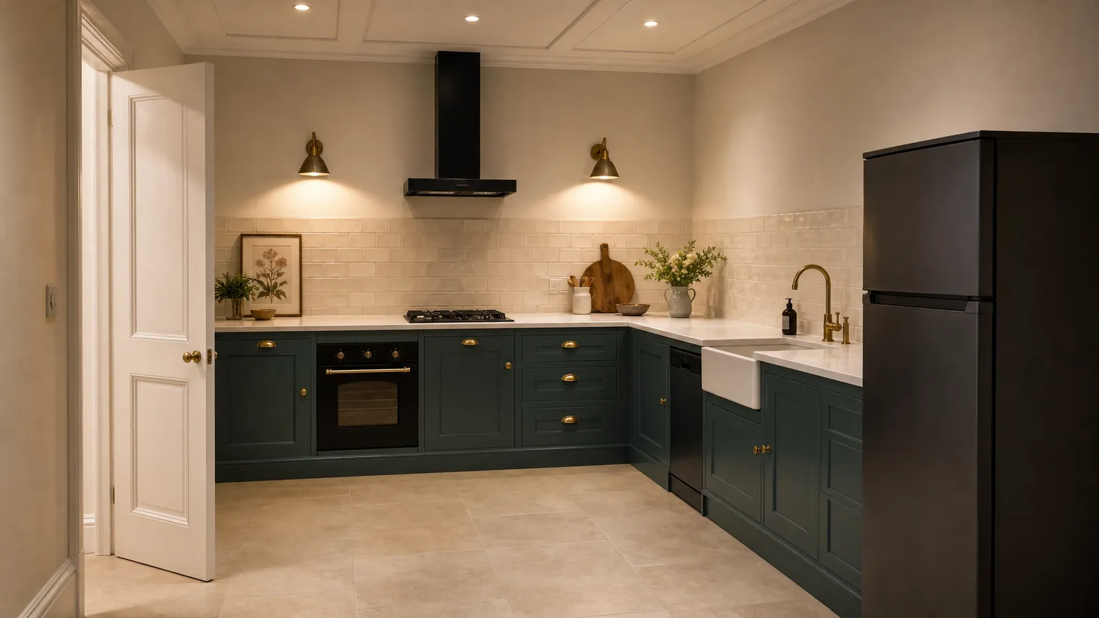 Realistic render of the same view in the Classic theme: the same door open in the same place, shaker doors with brass cup handles, a butler sink, wall lights and a coffered ceiling