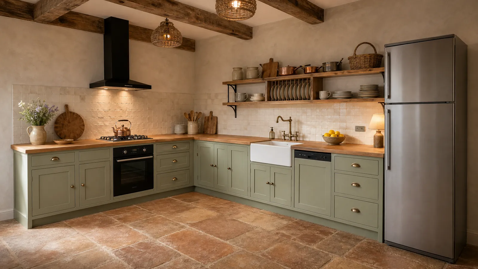 Farmhouse render of the same kitchen: sage painted doors, an oak worktop, terracotta floor, exposed beams, copper pans and a butler sink