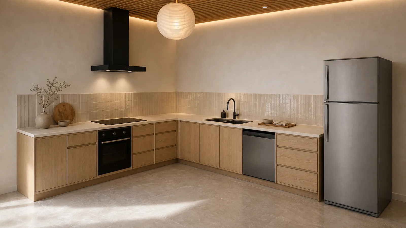 Japandi render of the L-shaped kitchen: oak fronts, finger tile, slatted timber ceiling and a paper pendant