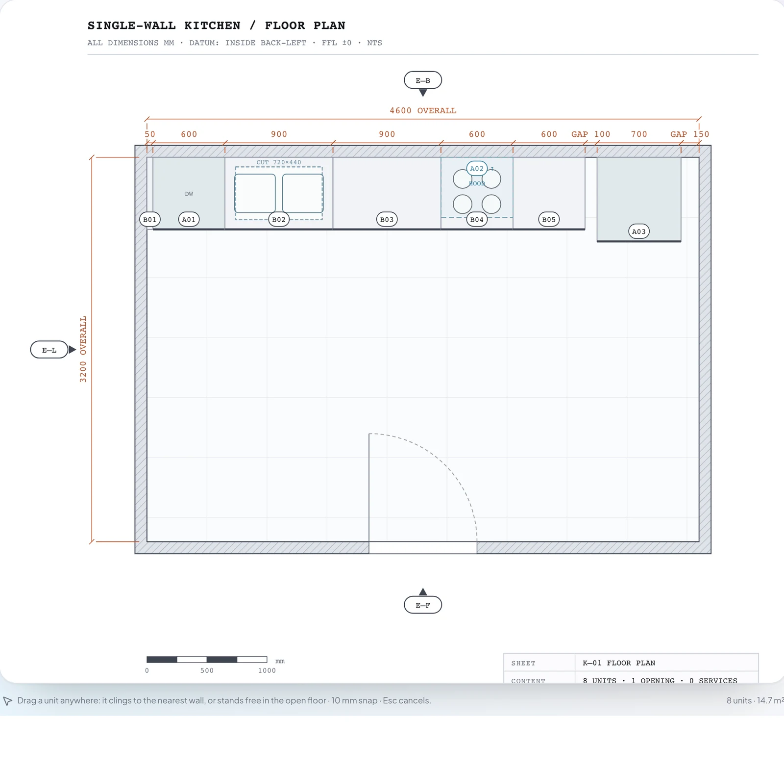 Dimensioned floor plan of the planner's single-wall starter kitchen: filler, dishwasher, sink cabinet, 900 mm drawer unit, hob with hood, oven housing and refrigerator along one 4600 mm wall, with a door on the opposite wall